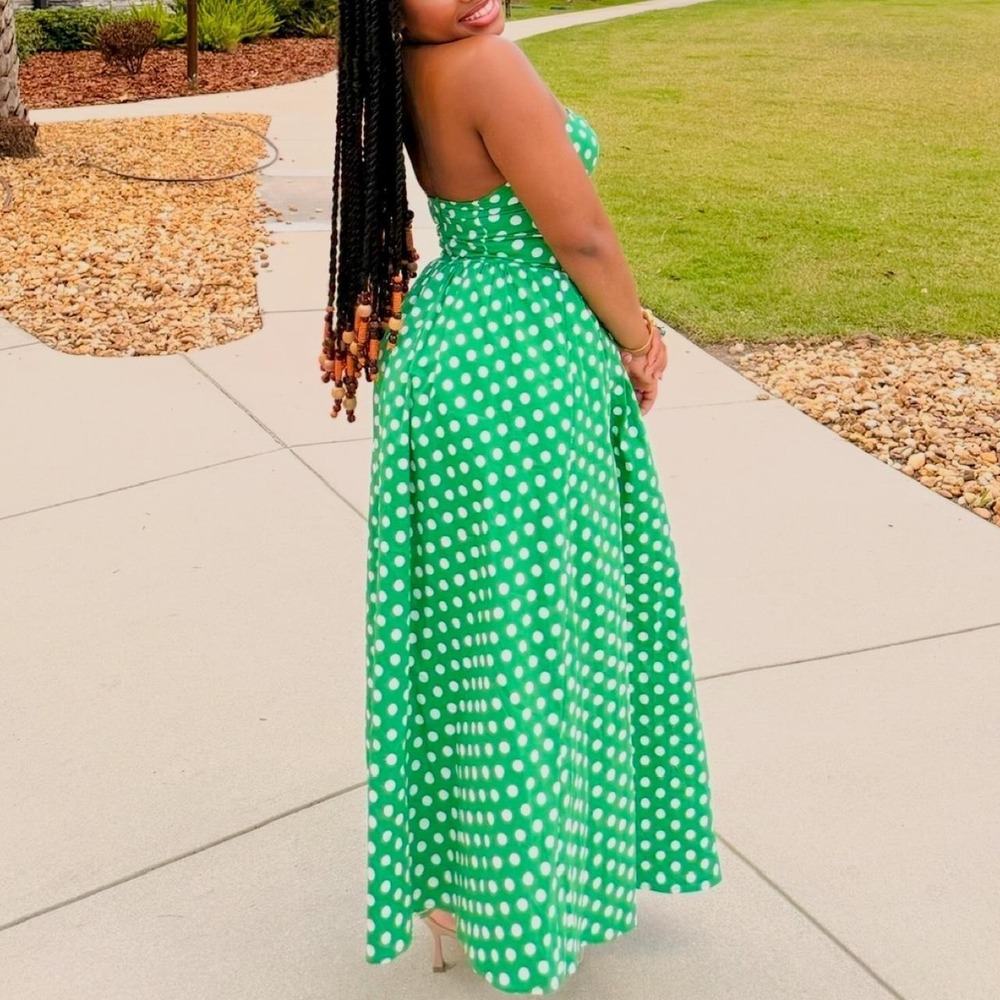 Fashion Nova Green White Polka Dot Strapless Maxi Dress